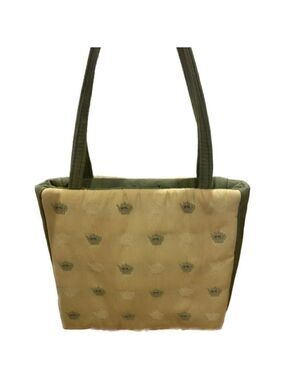 80s SHOULDER BAG OR KNITTING BAG BUTTERY YELLOW & SAGE GREEN W TEA LOVERS PRINT